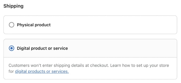 Choose digital product or service on shipping option
