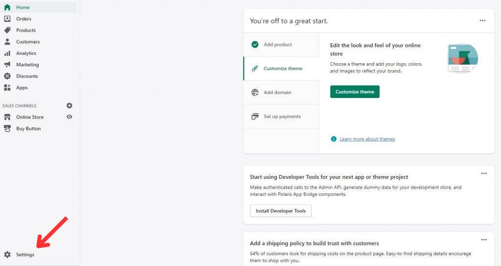 Accessing the store Settings to delete a shopify store