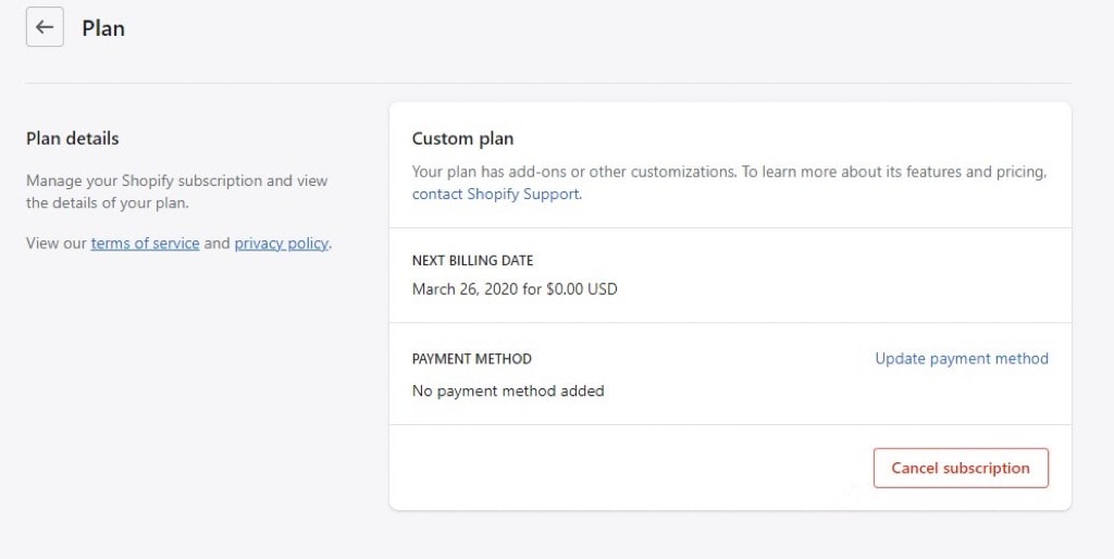 Cancel subscription button helps you start from deleting a shopify store