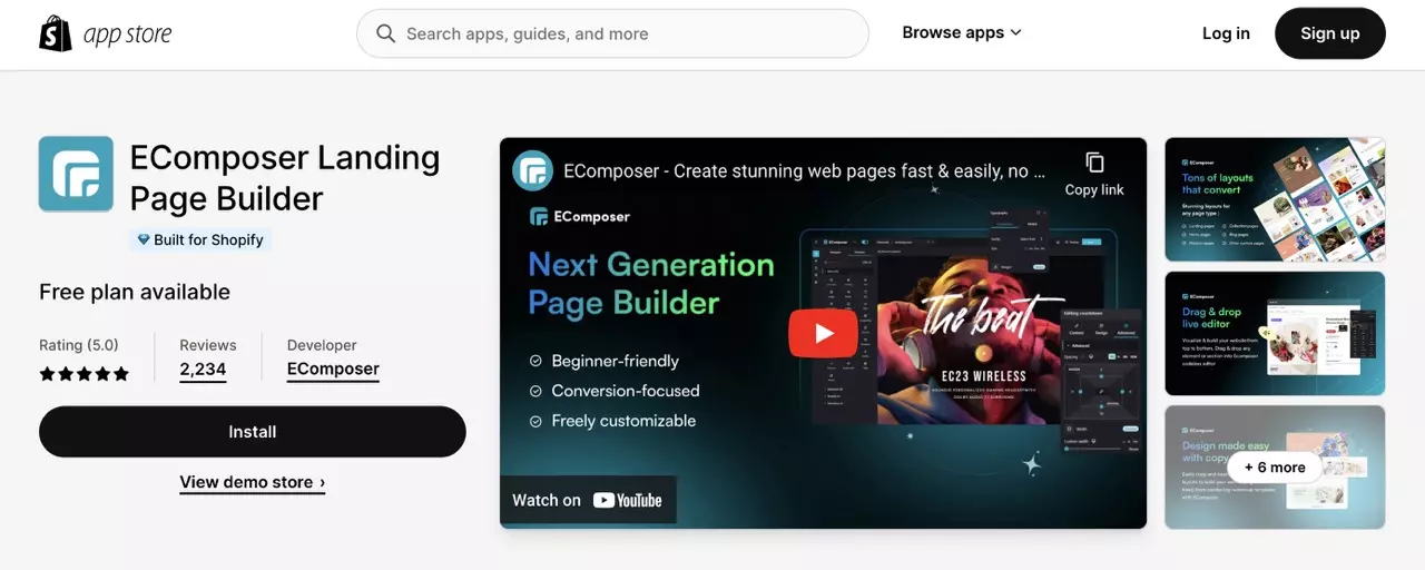 Ecomposer is an example of Shopify Landing Page