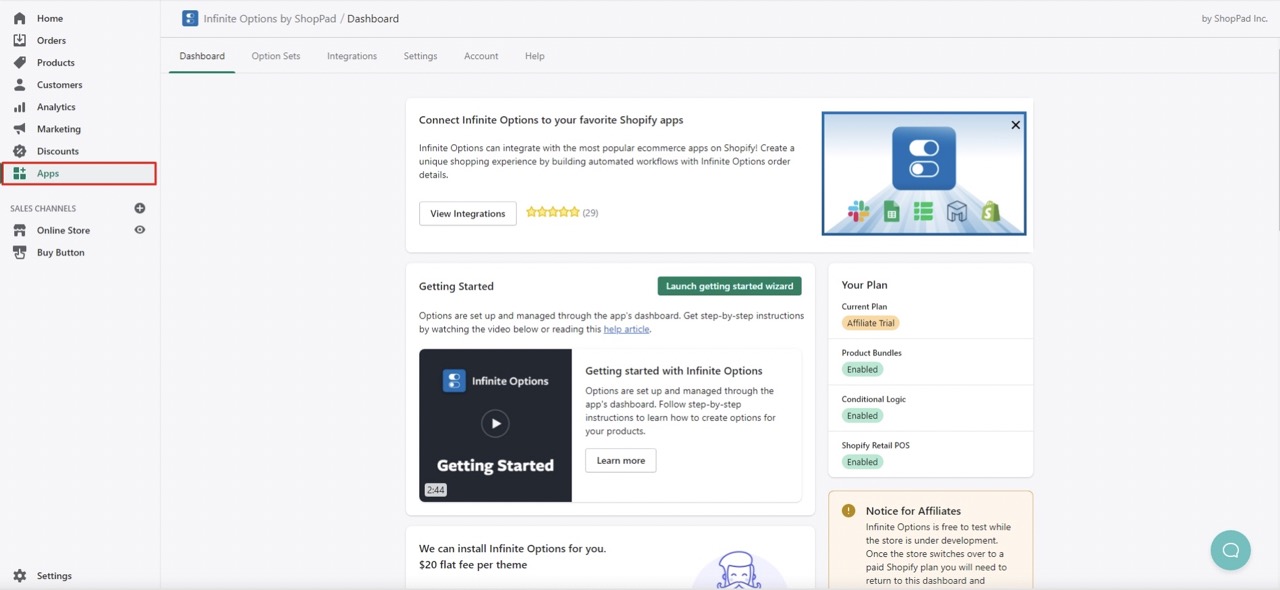 Infinite Options app's dashboard for further setup