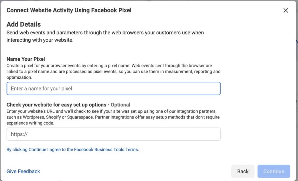 Enter the name to install facebook pixel on shopify