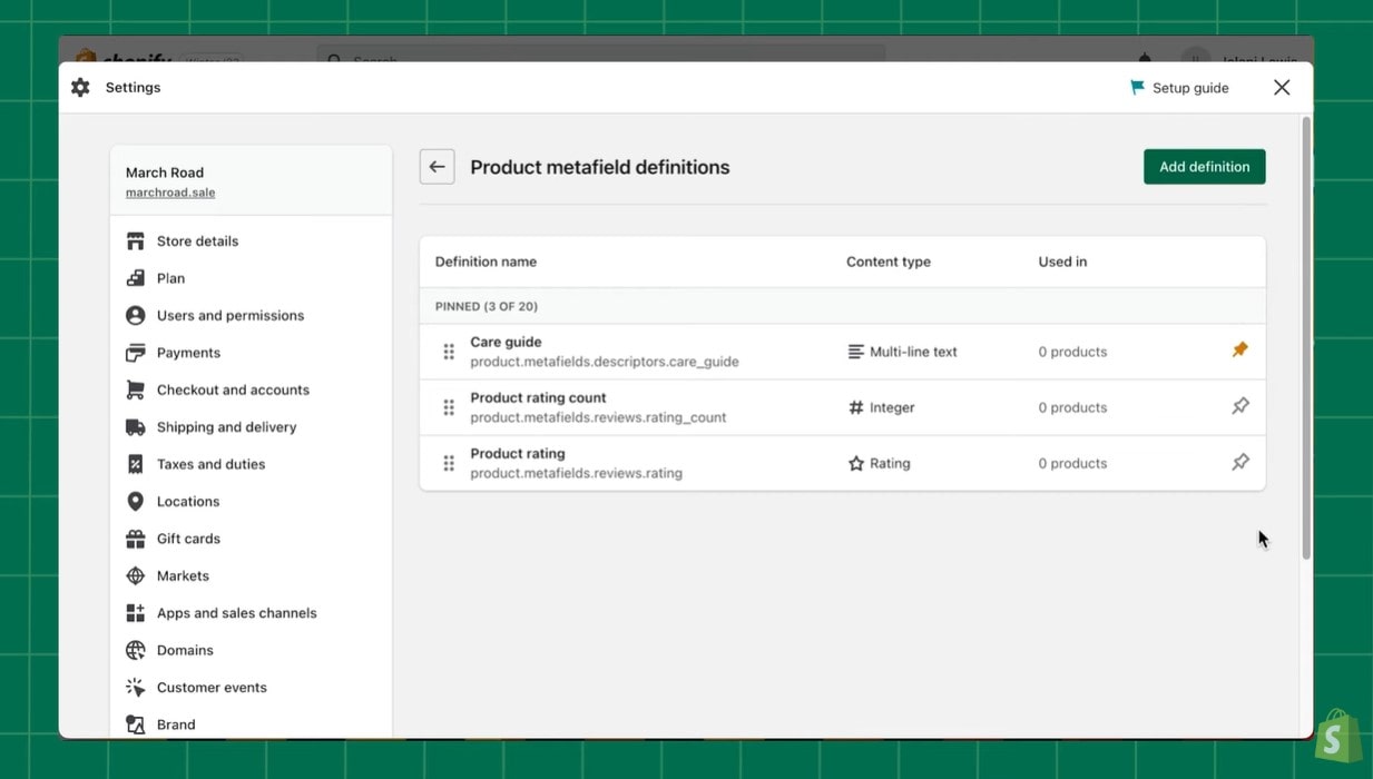 metafields in shopify - add definitions