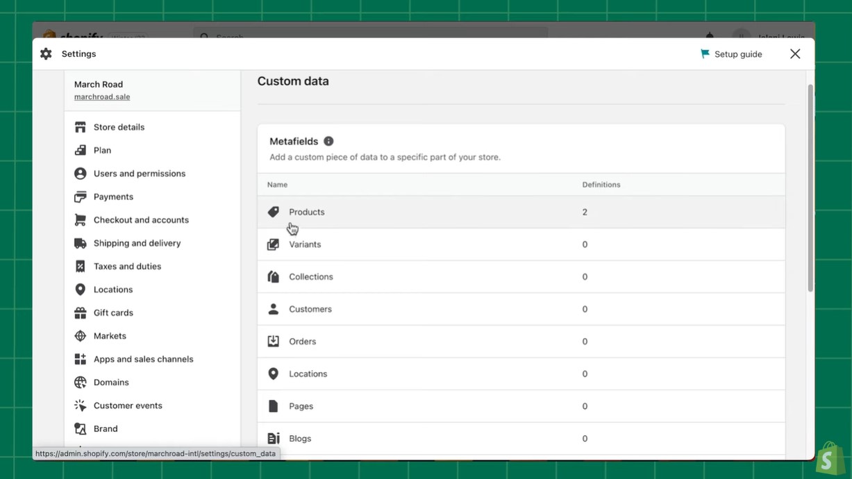 shopify metafields list - custom product data