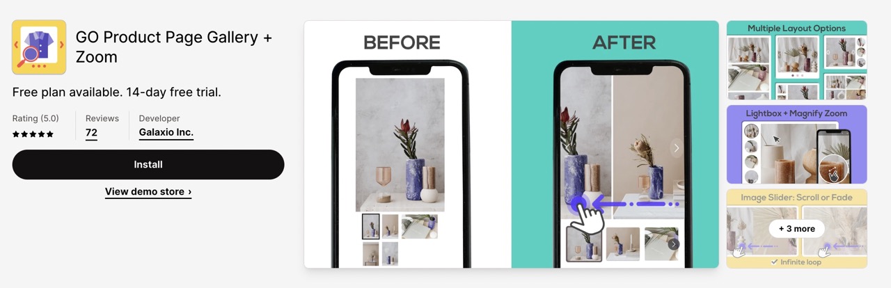 GO is a promising Shopify image gallery app designed for websites