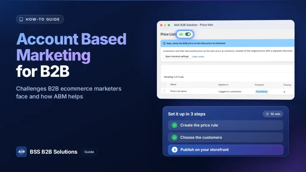 BSS B2B Solution admin price list screen with a three step checklist. Cover for: B2B eCommerce Marketers’ Challenges and How Account Based Marketing Can Help