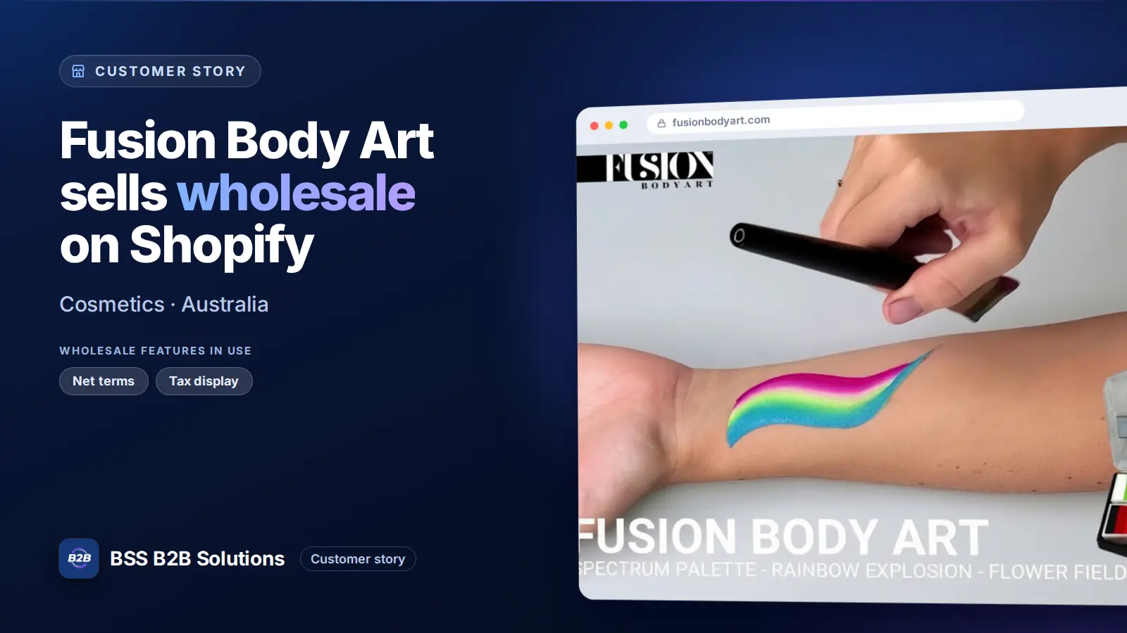 Browser window showing the merchant storefront, Fusion Body Art sells wholesale on Shopify. Cover for: Fusion Body Art Sees 22% Sales Growth with New B2B Channel Powered by BSS Commerce Solutions