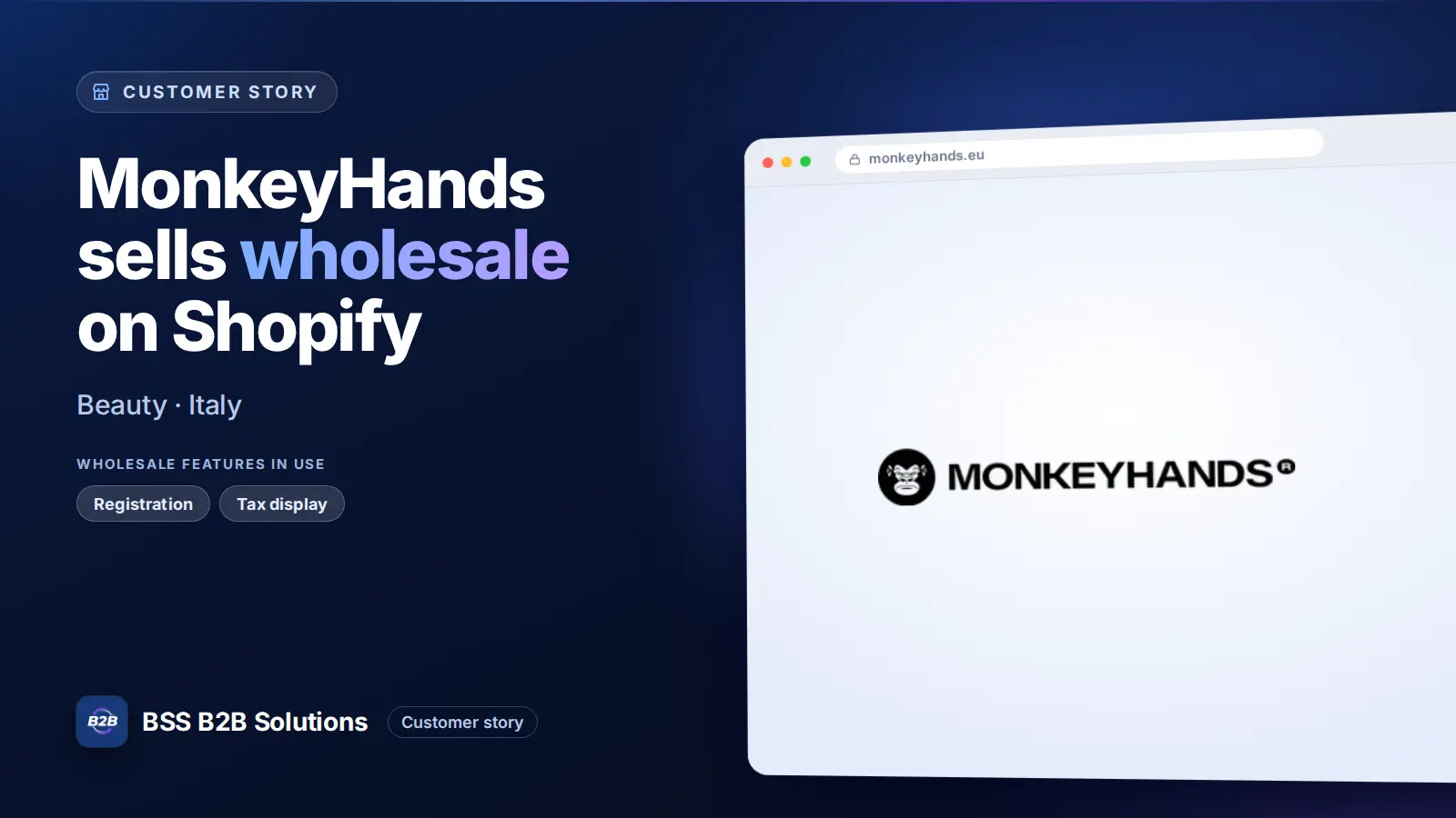 Browser window showing the merchant storefront, MonkeyHands sells wholesale on Shopify. Cover for: How MonkeyHands Creates Discounts Work for Any Markets with Different Prices