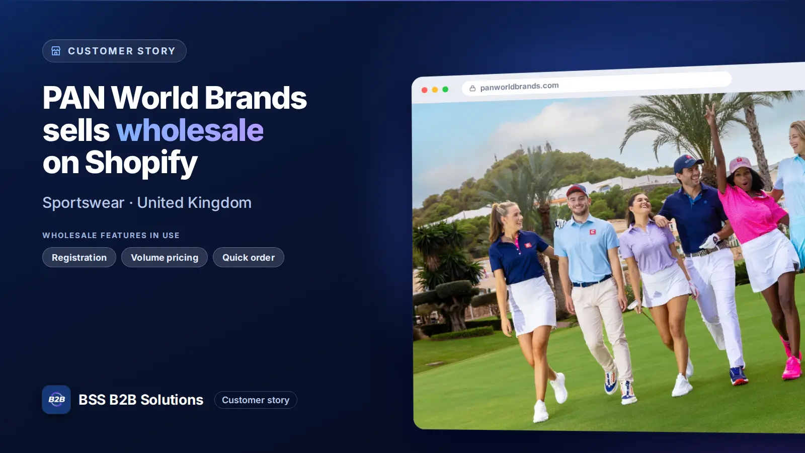 Browser window showing the merchant storefront, PAN World Brands sells wholesale on Shopify. Cover for: PAN World Brands Streamlines Custom Pricing and Onboarding Experience with B2B Wholesale Solution