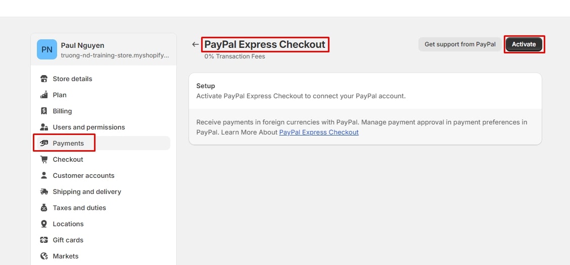 Activate PayPal Express Checkout payment