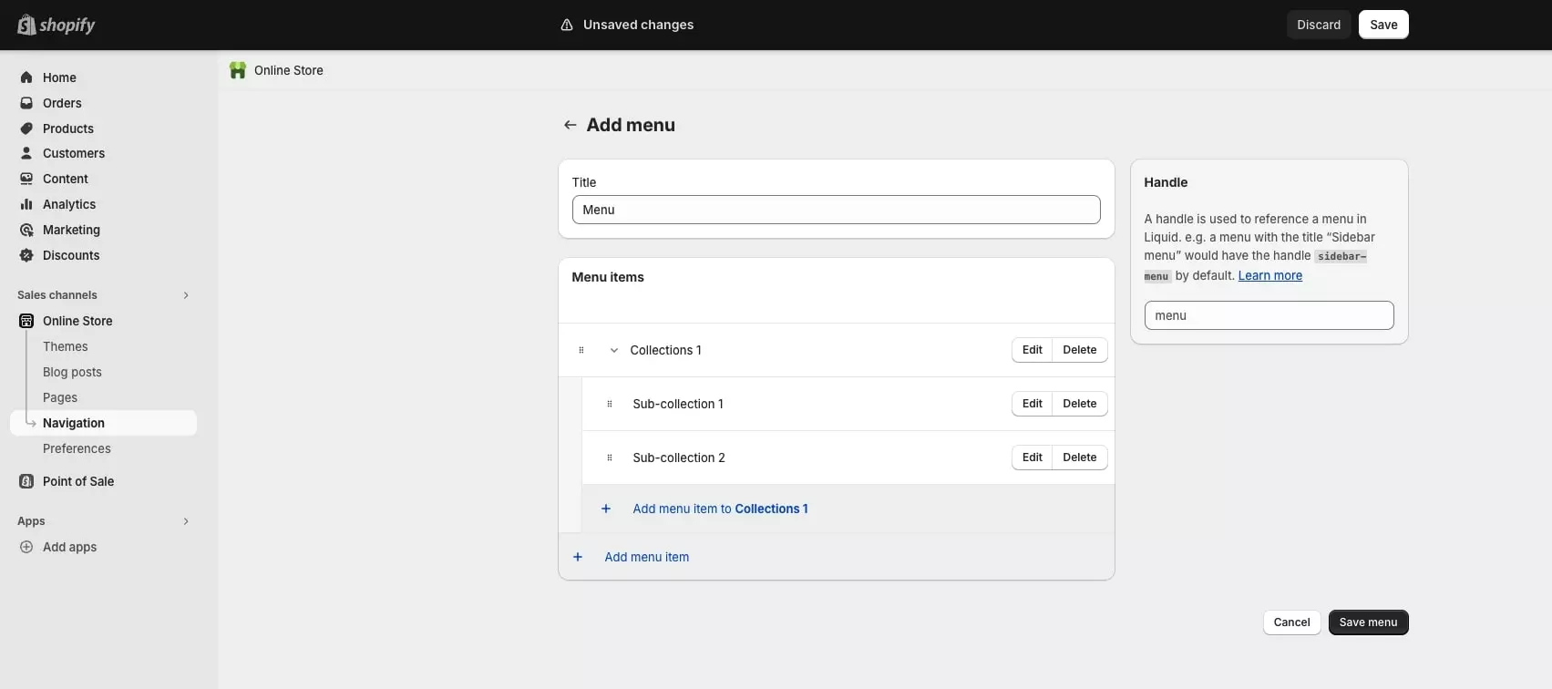 Drag the Shopify sub-collections