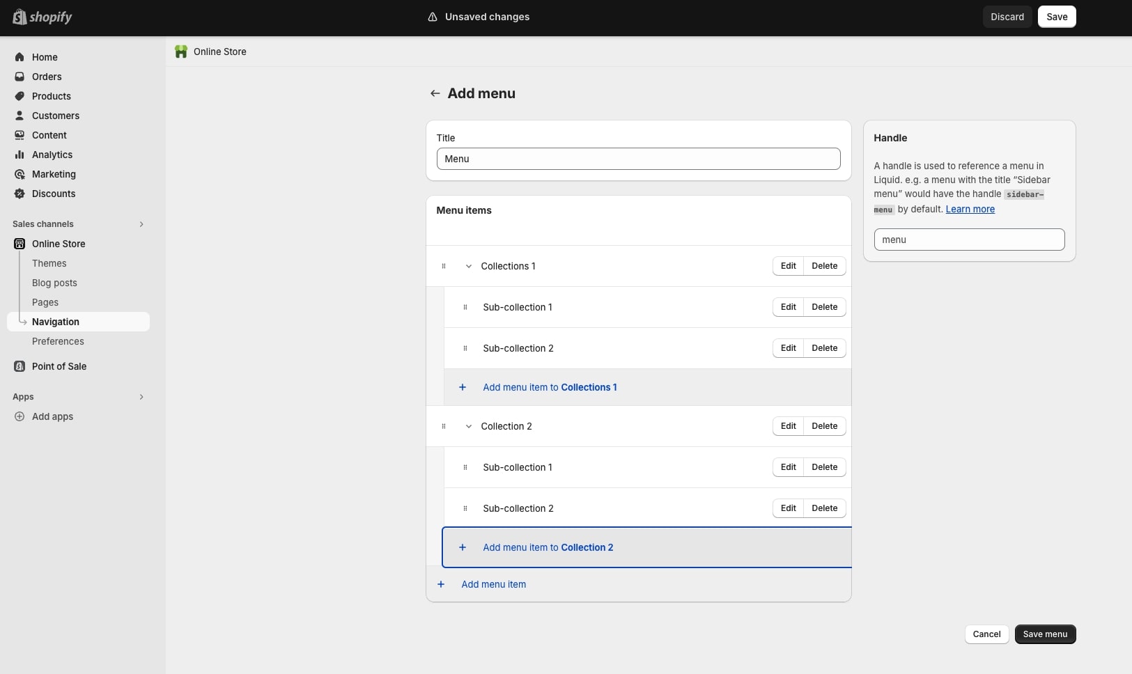 Save the menu - add sub collection in shopify