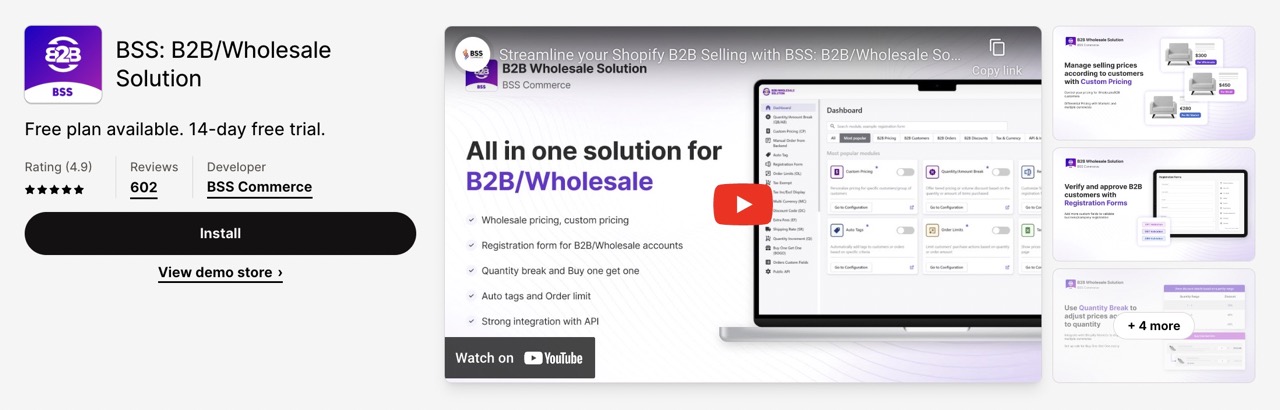 The B2B/Wholesale Solution offered by BSS Commerce stands out as a top Shopify wholesale app