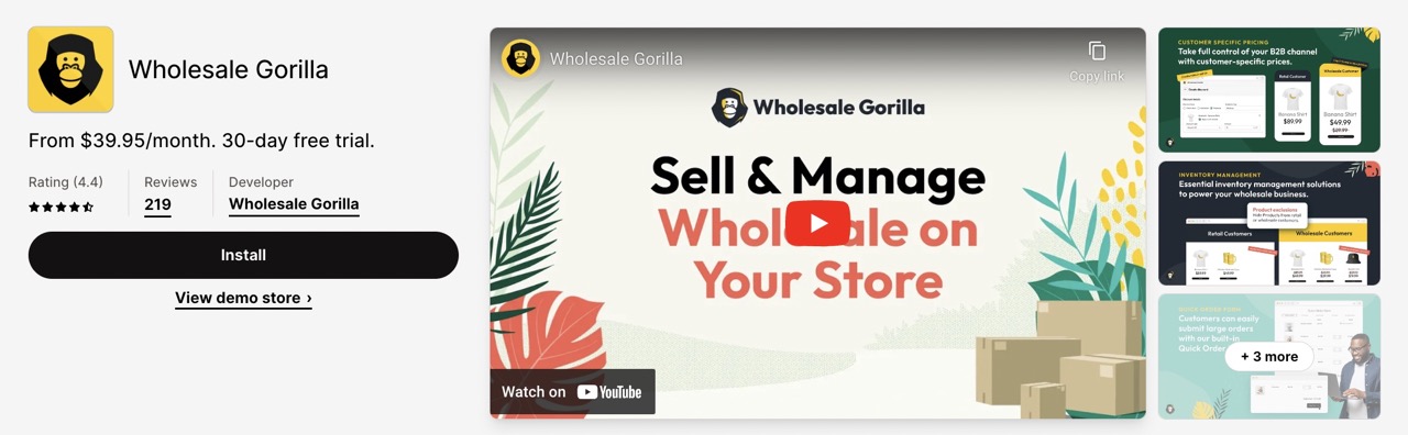 Wholesale Gorilla developed by Wholesale Gorilla, stands out as a top Shopify app for wholesale purposes