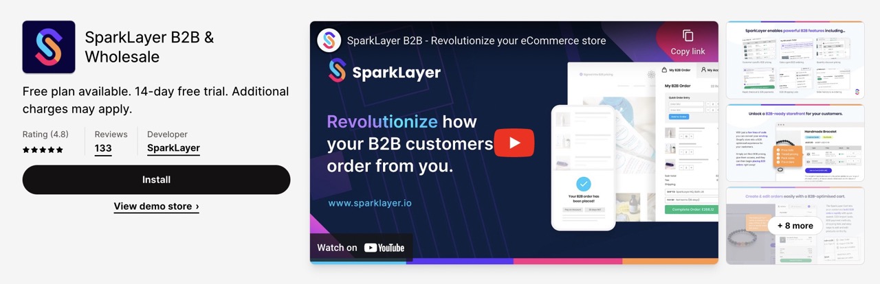 SparkLayer's B2B & Wholesale Solution stands out among the top Shopify wholesale apps for its robust all-inclusive B2B