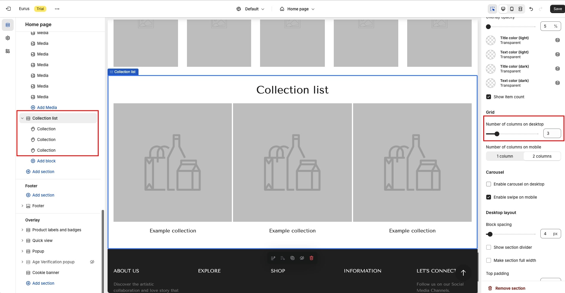 How to Add Sub Collections in Shopify - choose the number of columns to show collections