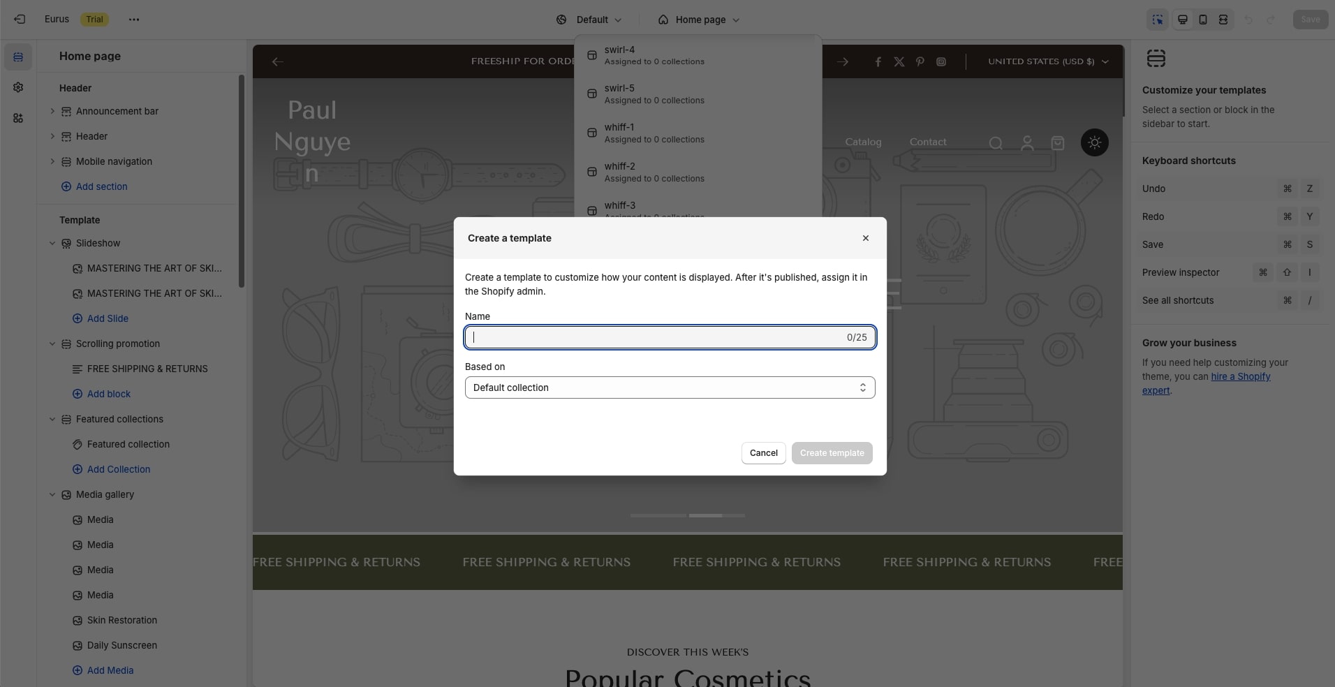 create new collection template - add subcollection in shopify