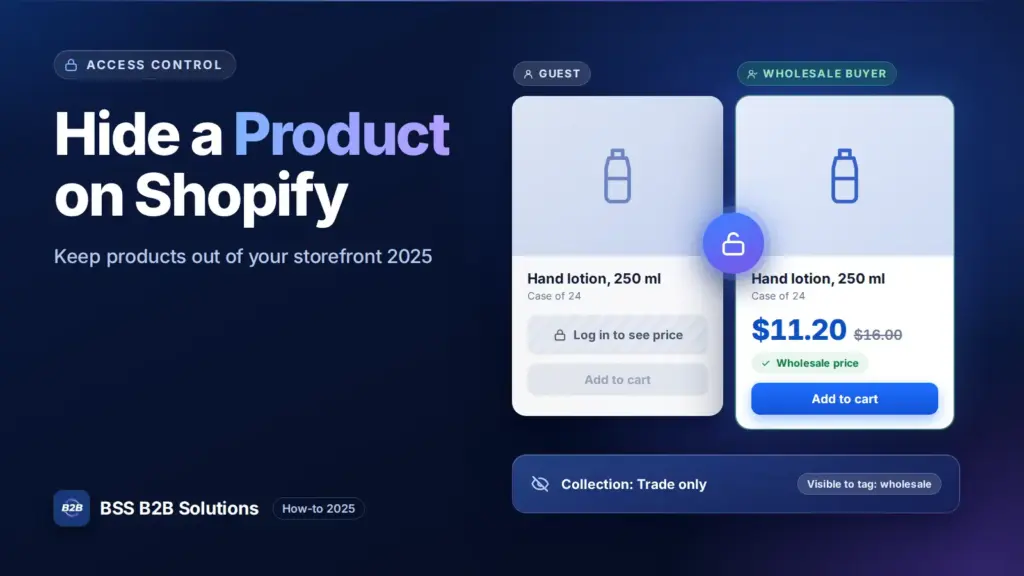 Product cards showing a locked price for guests and a visible wholesale price for approved buyers. Cover for: How To Hide Product On Shopify: An Ultimate Guide 2025