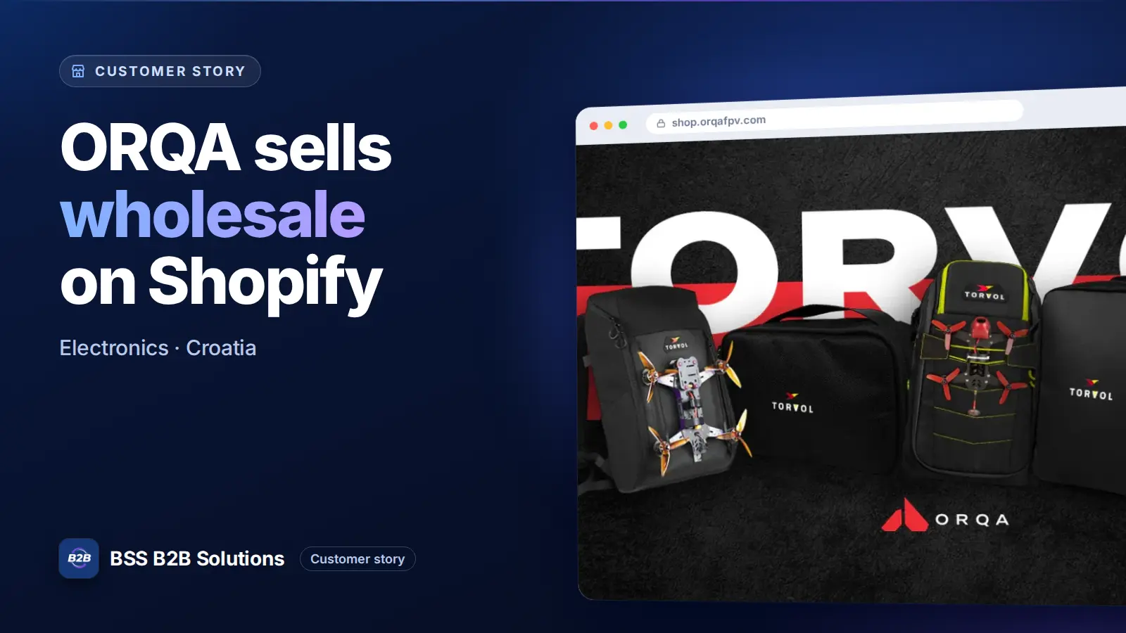 Browser window showing the merchant storefront, ORQA sells wholesale on Shopify. Cover for: ORQA’s Success Story: A Seamless B2B Experience with B2B Wholesale Solution App
