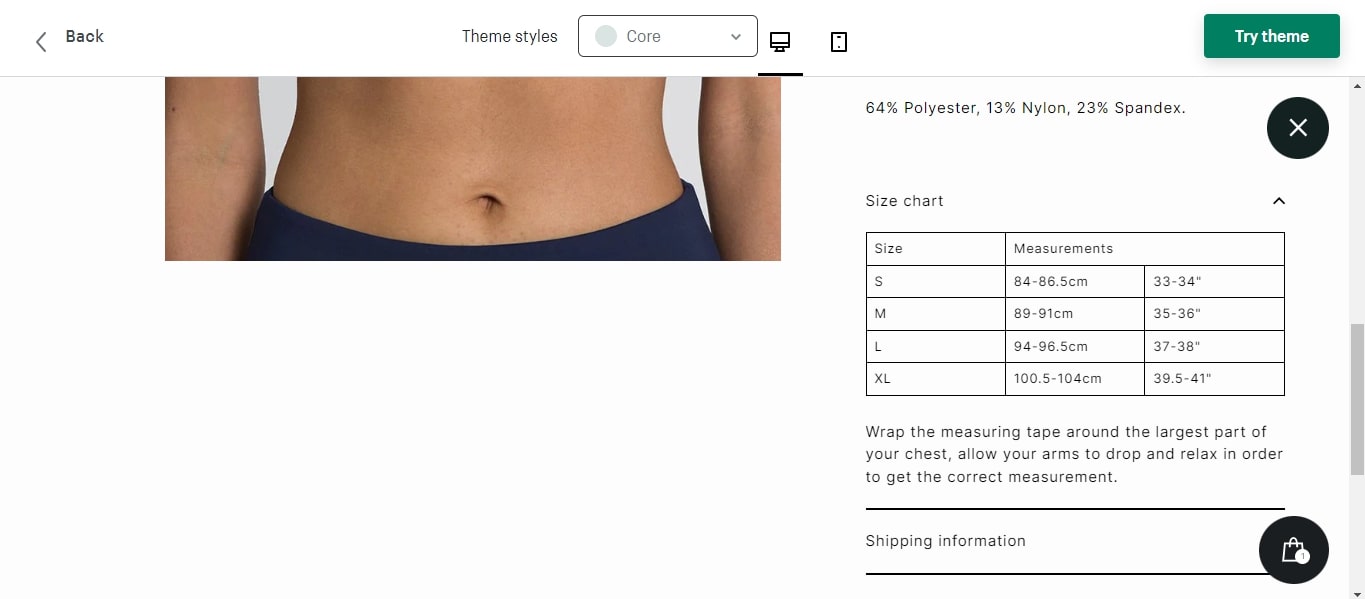 Streamline Shopify theme features size chart