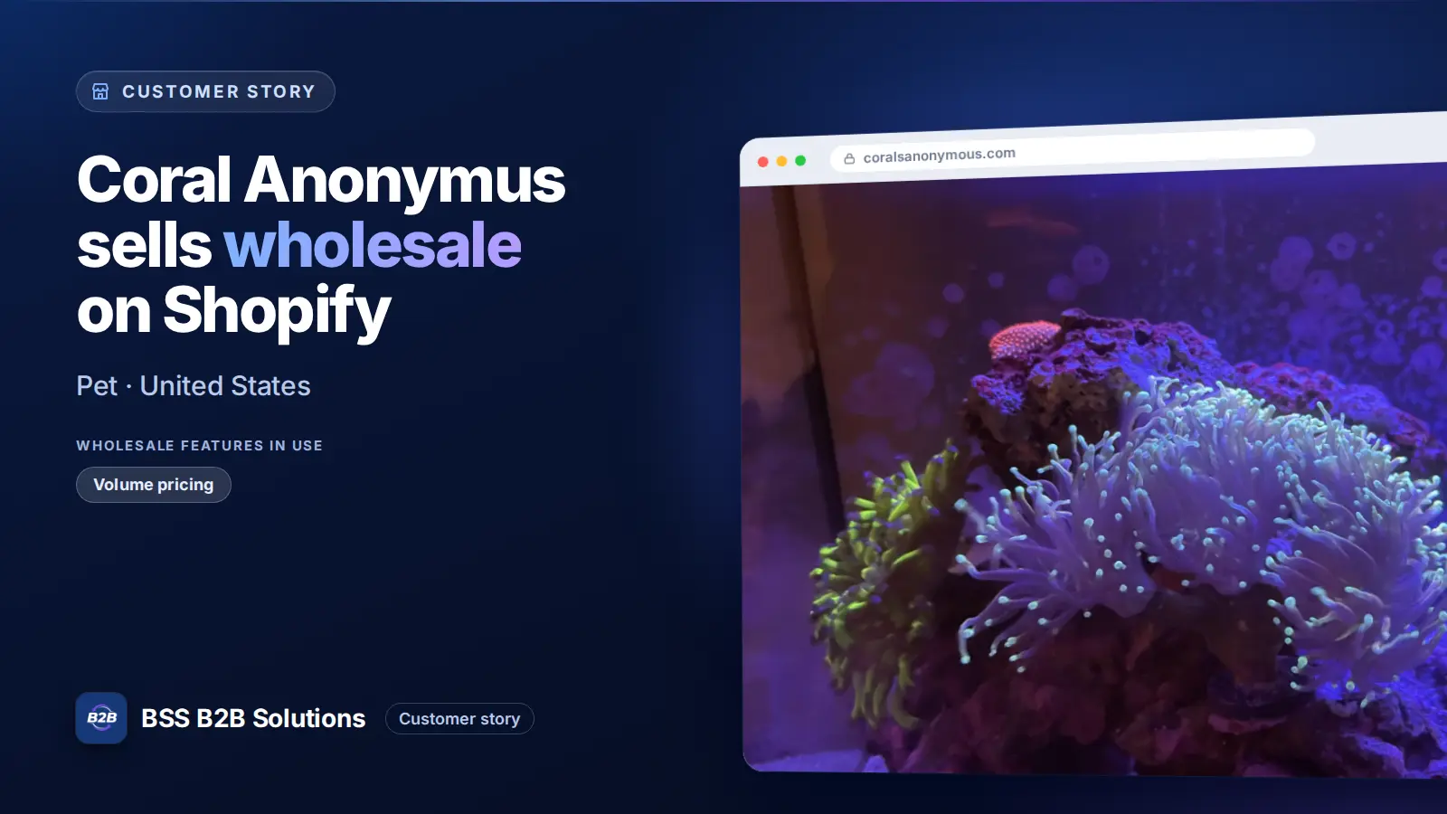 Browser window showing the merchant storefront, Coral Anonymus sells wholesale on Shopify. Cover for: How Corals Anonymous Cater to the Unique Needs of Its Wholesale Customers
