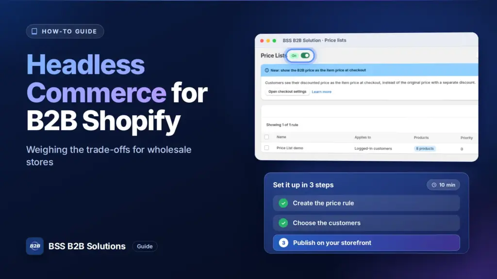 BSS B2B Solution admin price list screen with a three step checklist. Cover for: Headless Commerce for B2B Shopify: Is It Worth to Try?