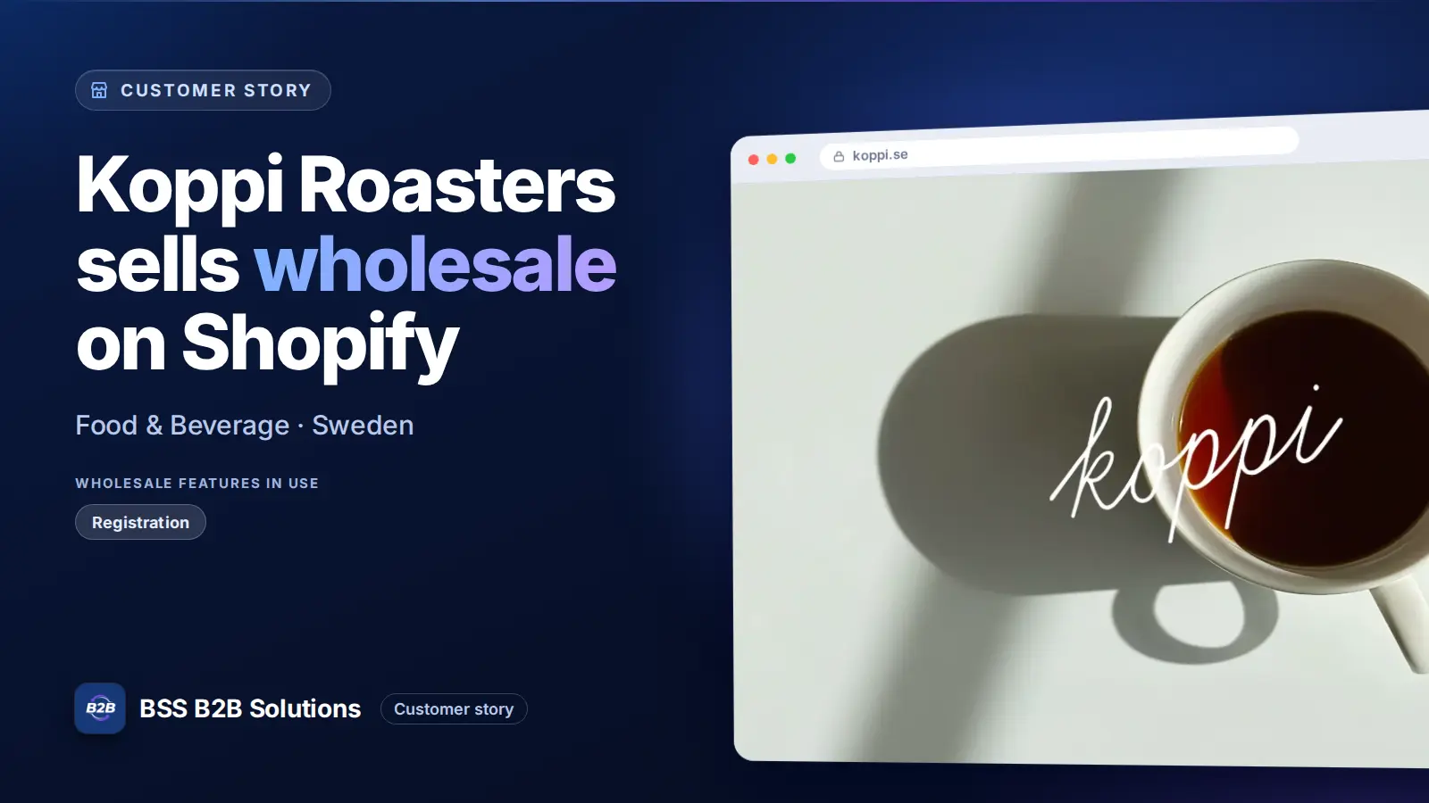 Browser window showing the merchant storefront, Koppi Roasters sells wholesale on Shopify. Cover for: Brewing Success: A Comprehensive Shopify B2B Case Study with Koppi Roasters and BSS Commerce