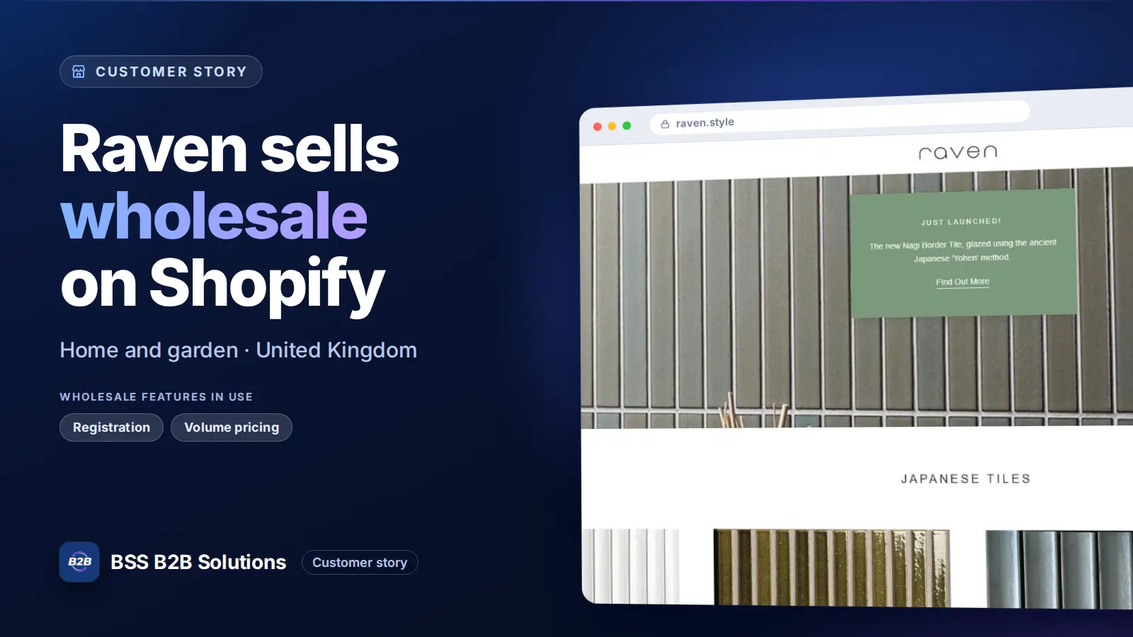 Browser window showing the merchant storefront, Raven sells wholesale on Shopify. Cover for: Raven’s Transformation Through Wholesale Registration and Quantity Break Features for B2B Selling