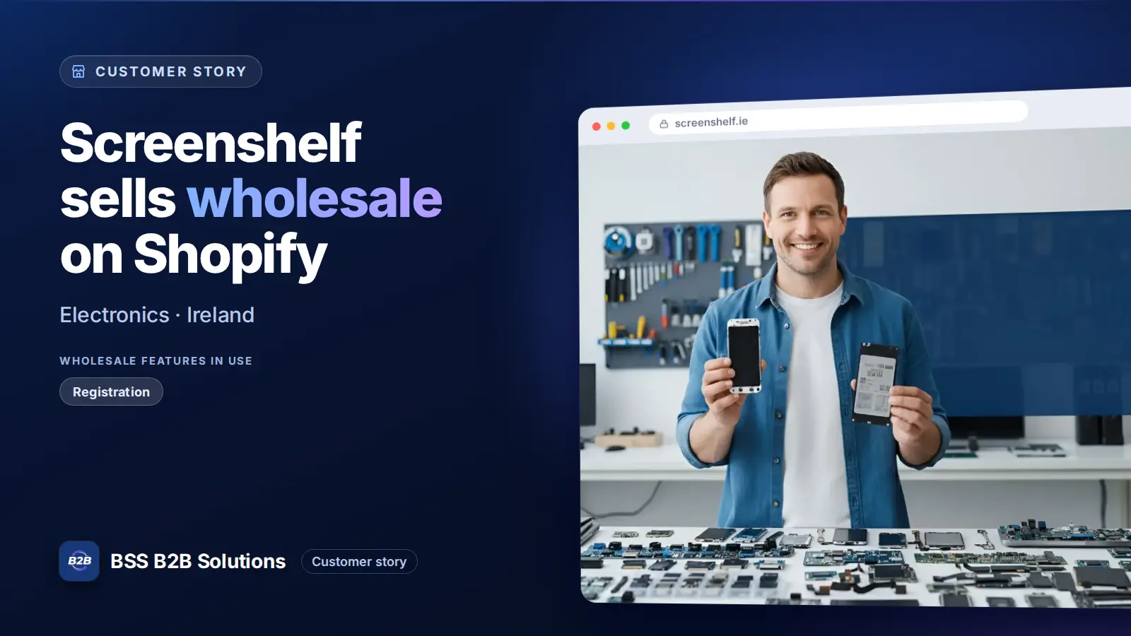 Browser window showing the merchant storefront, Screenshelf sells wholesale on Shopify. Cover for: Screenshelf – Bridging B2B and B2C with Innovative B2B Solutions from BSS Commerce