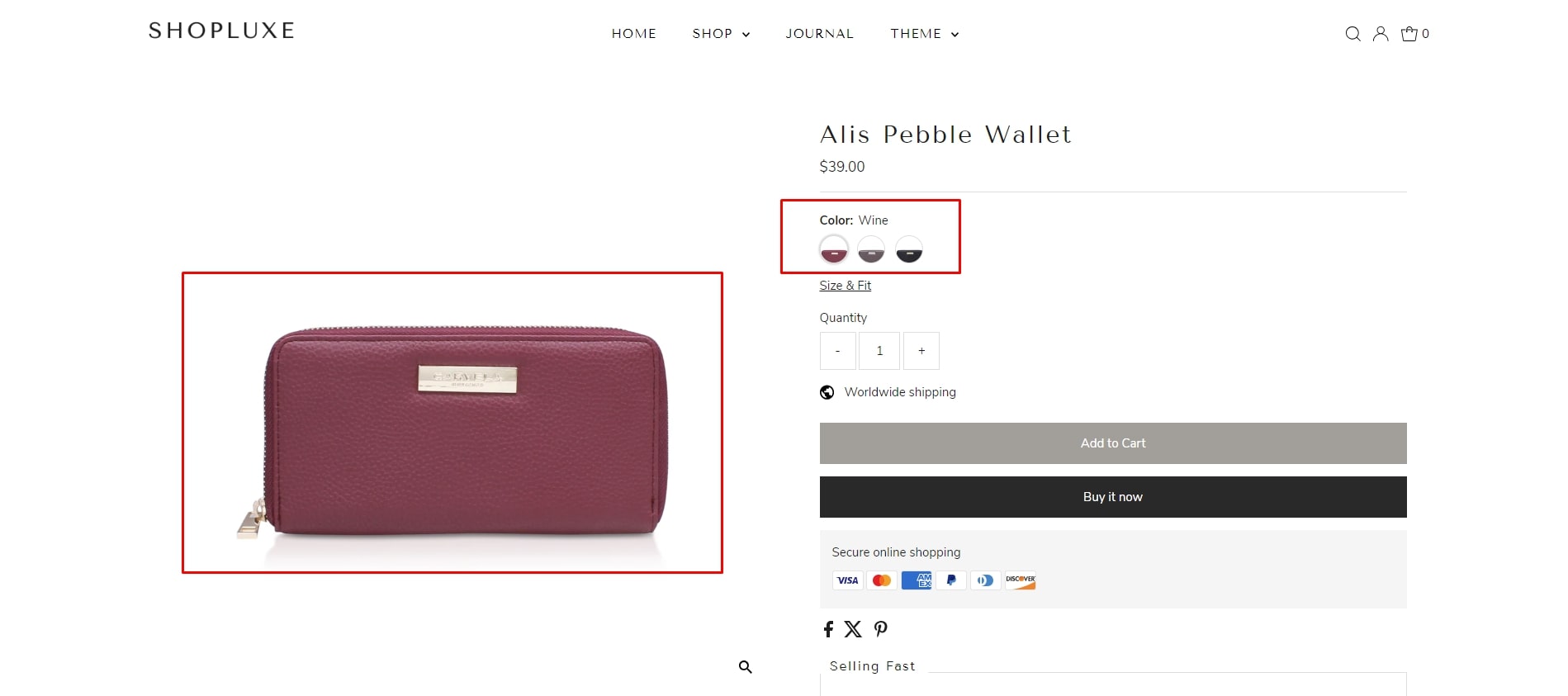 Color swatch on product pages - testament shopify theme