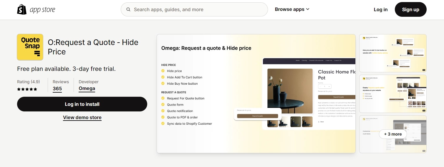 O:Request a Quote hide price app