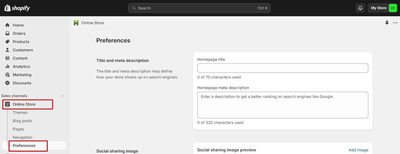 add shopify meta description homepage