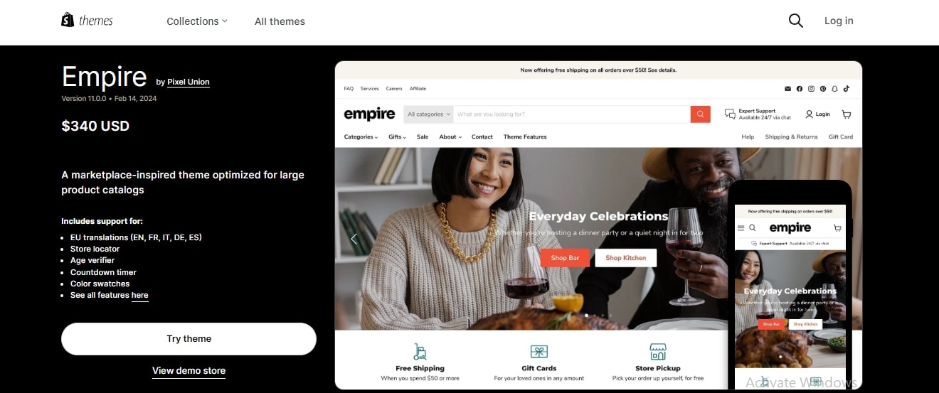 Empire Shopify theme overview