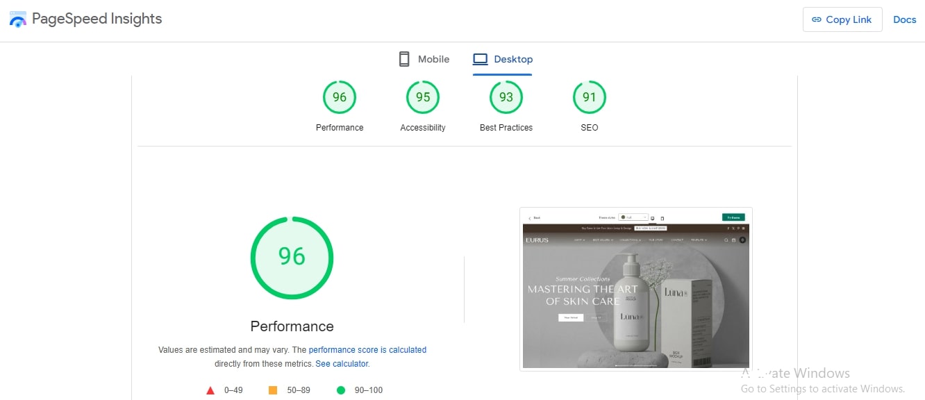 performance score eurus shopify theme