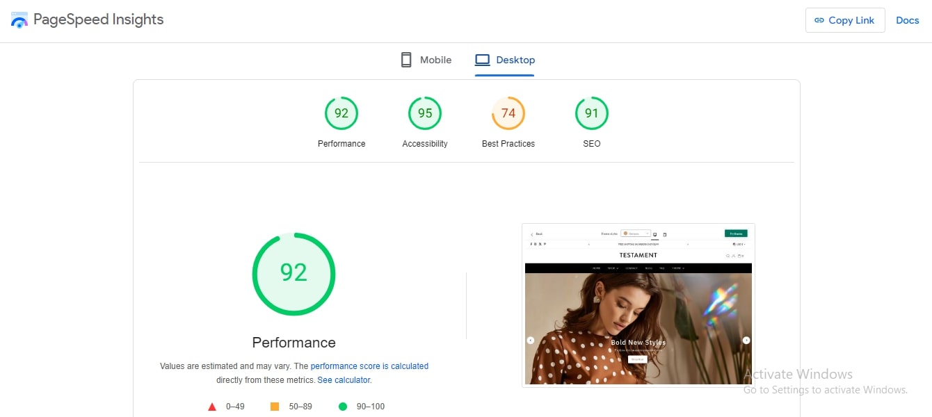performance score Shopify Theme Testament