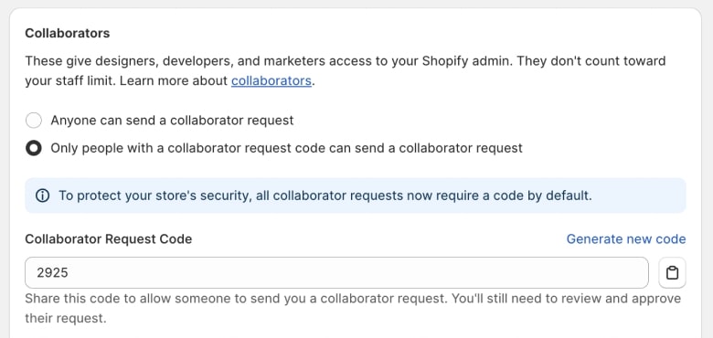 where is Shopify Collaborator Request Code