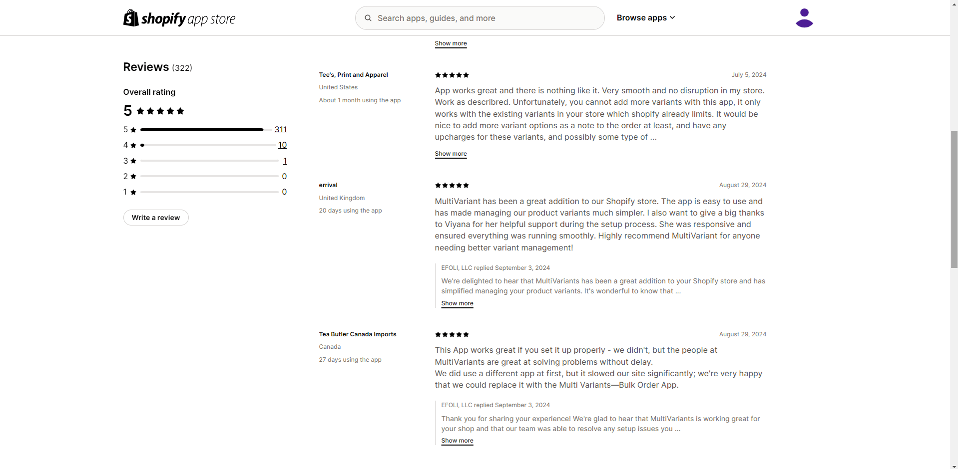 Customer reviews about Multivariants app on Shopify App Store