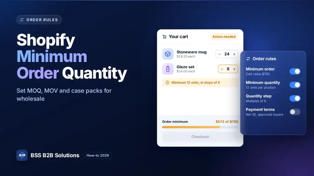 Cart with a minimum order bar and order rule toggles. Cover for: Shopify Minimum Order Quantity: How to Set MOQ, MOV and Case Packs (2026)