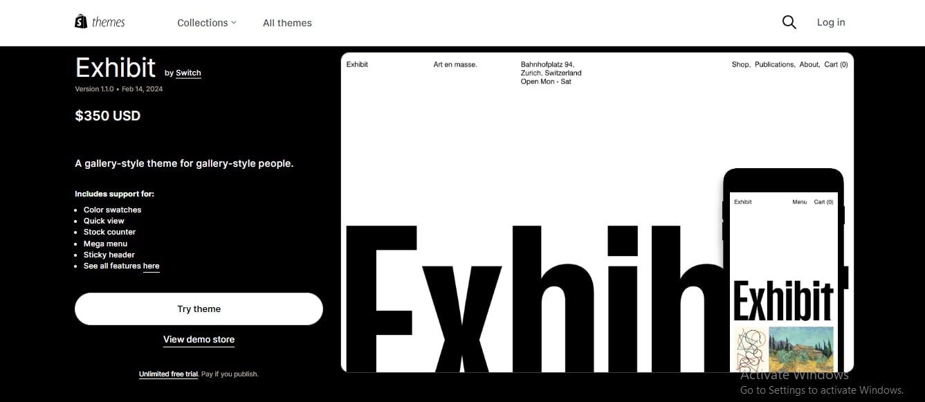 Exhibit Shopify theme