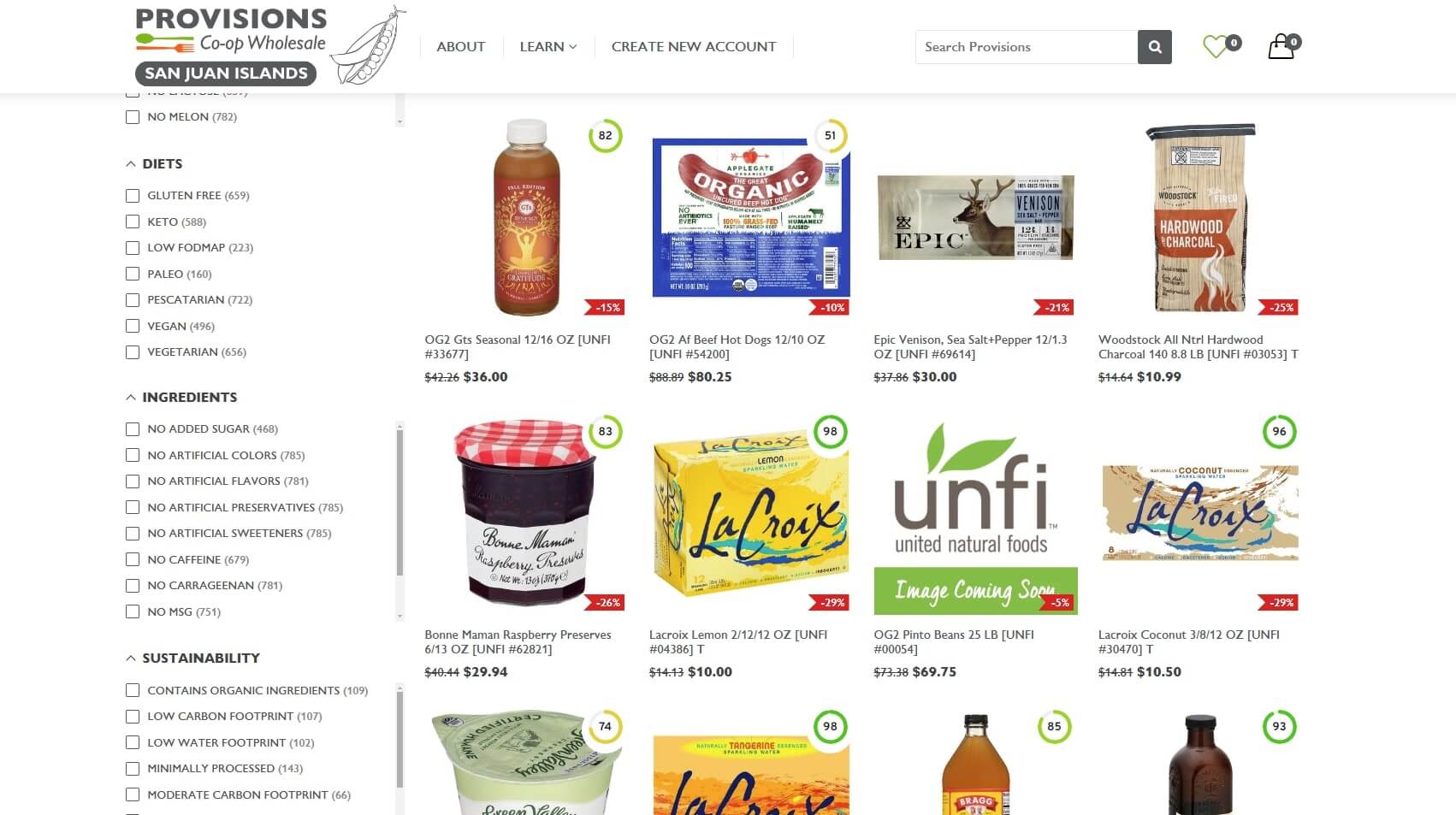Provisions Co-op Wholesale website - Collection page