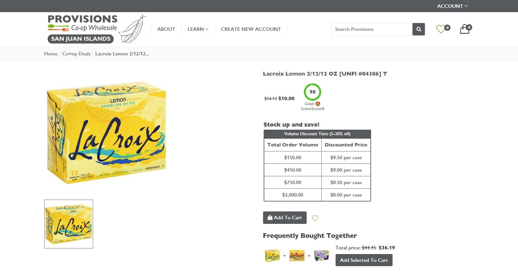 Provisions Co-op Wholesale website - Product page