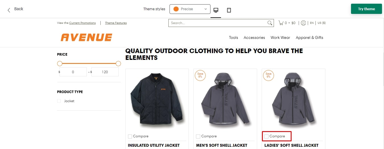 wishlists and compare feature Avenue Shopify Theme