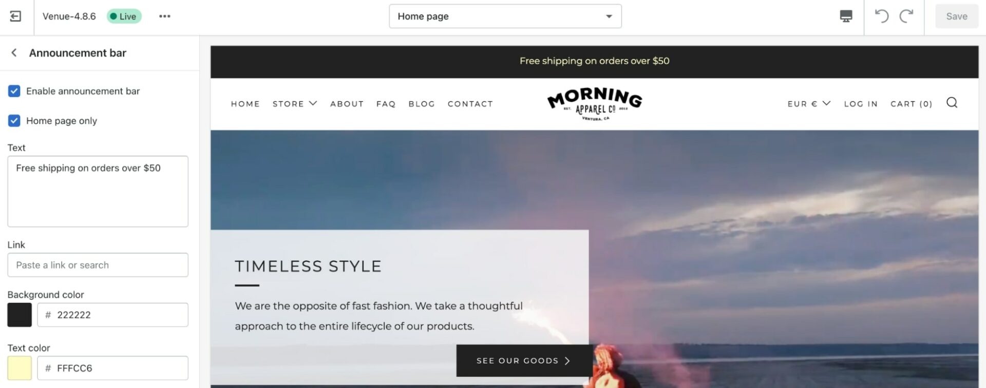announcement bar Shopify theme Venue