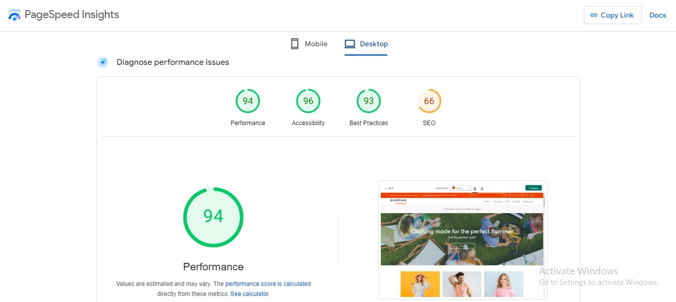 pagespeed score Avenue Shopify Theme