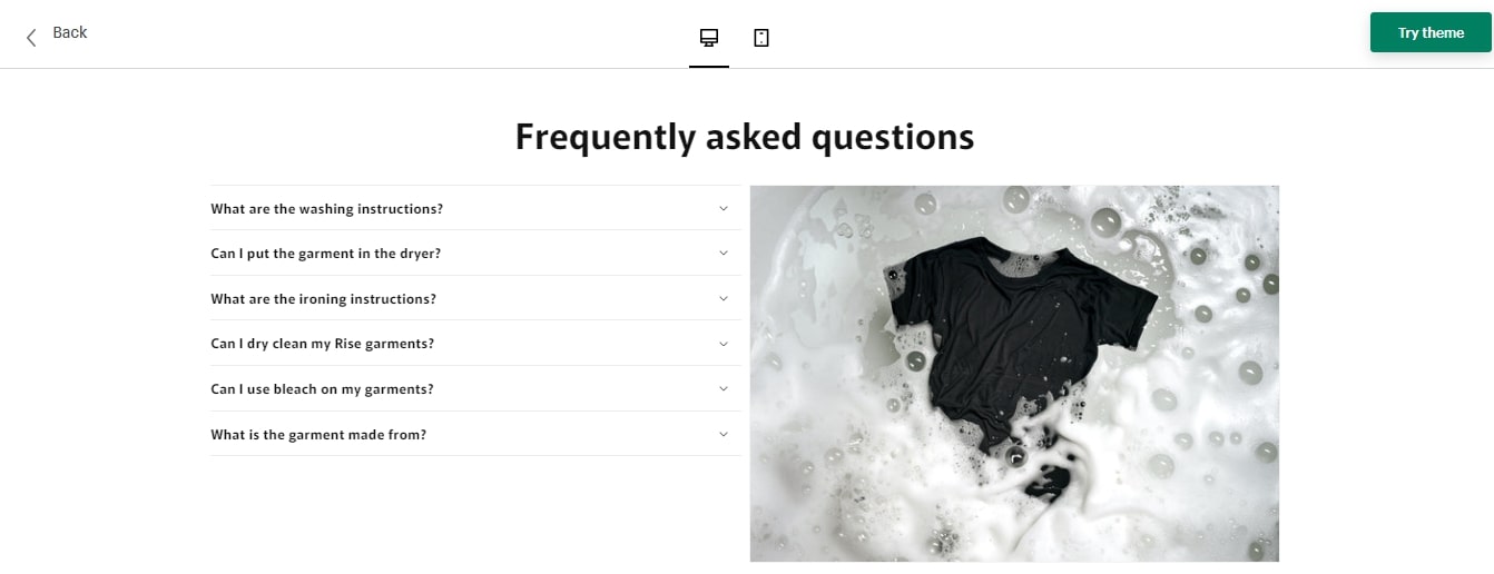FAQ page Rise Theme Shopify