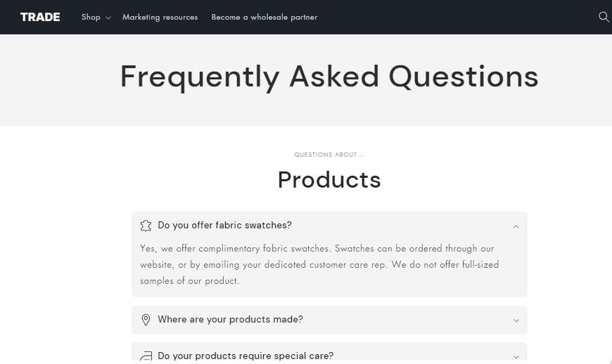 FAQ page Trade Shopify theme