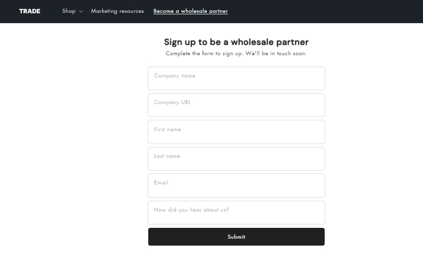 sign-up form Trade Shopify theme