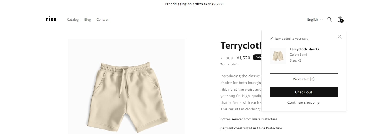 cart and checkout Rise Theme Shopify