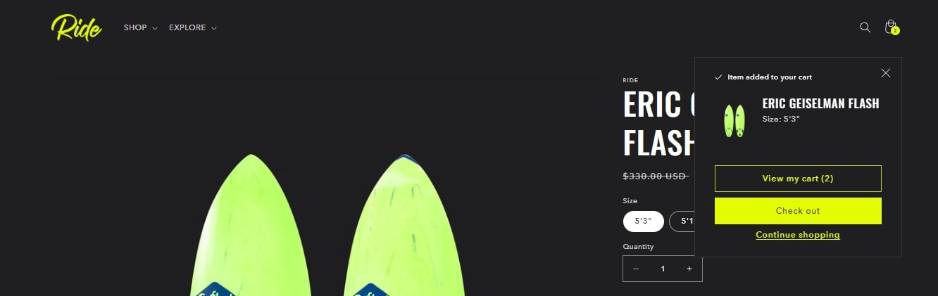cart and checkout Ride Shopify Theme