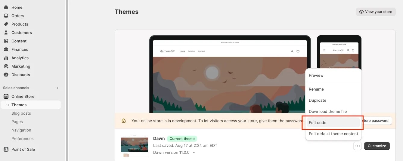 edit code Shopify store
